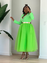 Load image into Gallery viewer, Side view showing the tailored neon-green blazer and volume of the tulle skirt.