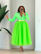 Load image into Gallery viewer, Front view of the neon-green cropped blazer and full A-line tulle skirt set.