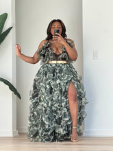 Load image into Gallery viewer, Front view of the camouflage ruffle top and matching layered high-slit skirt set.