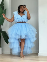 Load image into Gallery viewer, Full-length view of the In the Sky set with its sky-blue ruffles and high-low tulle hem.