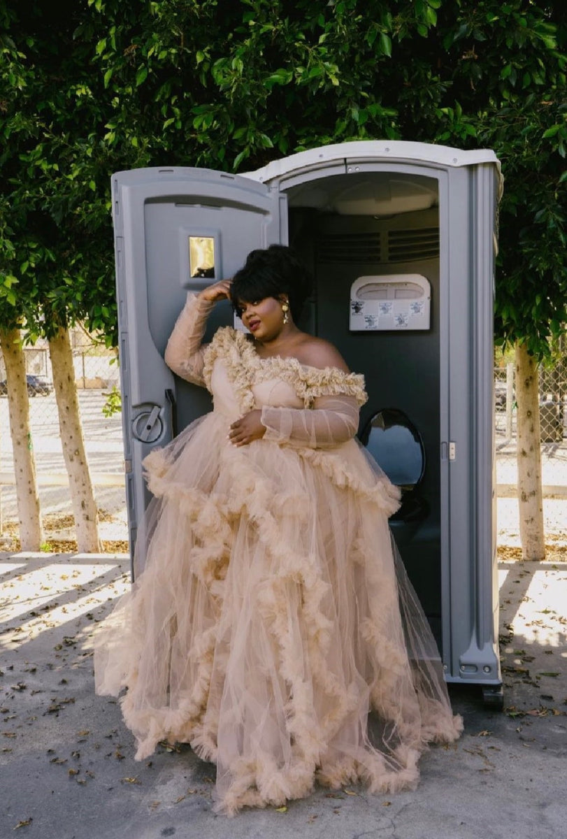 Nicole Byer (Comedian) in Nude Custom Tulle Robe Off Shoulder – Oyemwen