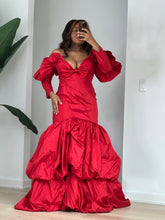 Load image into Gallery viewer, Front view of the red off-the-shoulder taffeta gown with a fitted mermaid silhouette and balloon hem.