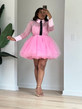Load image into Gallery viewer, Girl Boss pink embellished button-front top paired with the mini tulle skirt option.