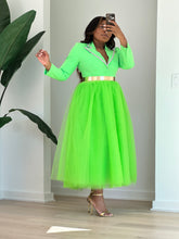 Load image into Gallery viewer, Three-quarter view of the neon-green cropped blazer and layered tulle skirt.