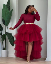 Load image into Gallery viewer, Ruby Orchid burgundy turtleneck top and tiered high-low tulle skirt with a gold metal belt.