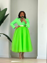 Load image into Gallery viewer, Front pose showing the contrast-trim neon-green blazer and matching tulle skirt.