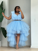 Load image into Gallery viewer, Full-length front view of the sky-blue ruffled tulle crop top and high-low skirt set.
