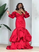 Load image into Gallery viewer, Full-length view of the red taffeta mermaid gown with voluminous sleeves and tiered balloon skirt.