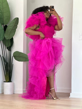Load image into Gallery viewer, Very Pink fuchsia skirt set with oversized tulle shoulder ruffles and a high-slit layered skirt.