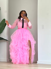 Load image into Gallery viewer, Front view of the Girl Boss pink top and high-slit tulle skirt showing the layered ruffles.