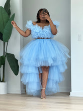 Load image into Gallery viewer, Front view showing the ruffled sky-blue crop top and voluminous layered tulle skirt.