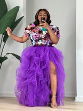 Load image into Gallery viewer, Front view of the multicolor 3D floral top with a full-length purple ruffled tulle skirt and high slit.