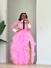 Load image into Gallery viewer, Girl Boss pink embellished top and high-slit ruffled tulle skirt, full-length front view.