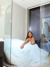 Load image into Gallery viewer, Marlo Hampton wearing the powder-blue Sky High lace top and voluminous tulle maxi skirt, full-length view.