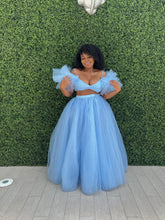 Load image into Gallery viewer, Closer view of the fitted top paired with the sweeping Sky High skirt.