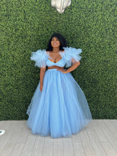 Load image into Gallery viewer, Back three-quarter view of the Sky High top and maxi skirt set.