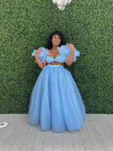 Load image into Gallery viewer, Full-length view of the Sky High two-piece top and sweeping maxi skirt set.