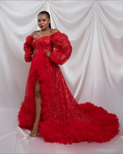 Load image into Gallery viewer, Red Hi Slit Sequins Veined Robe