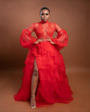 Load image into Gallery viewer, Alternate view of the red lace bow high-slit maxi dress.