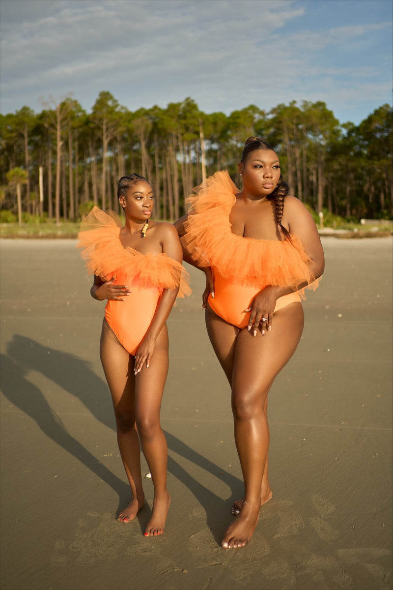 Orange One-Shoulder Tulle-Drape Swimsuit & Slides