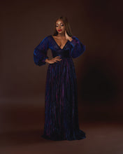 Load image into Gallery viewer, Holiday Pleated Maxi Dress Purple/Blue