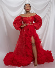Load image into Gallery viewer, Red Hi Slit Sequins Veined Robe
