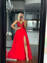 Load image into Gallery viewer, Red Beaded hi slit dress