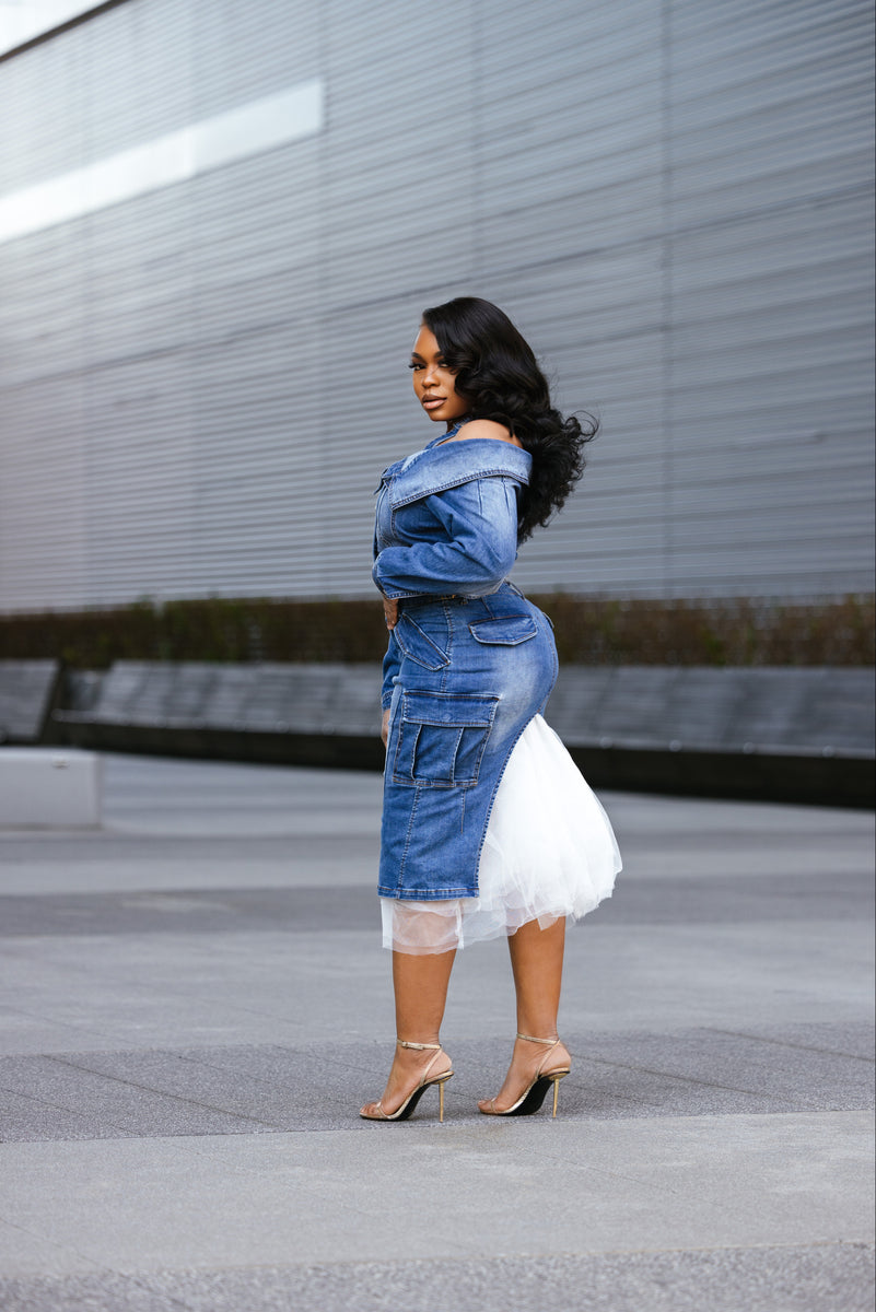 denim dress with skirt Women's Drop Waist Blue Denim Midi dress