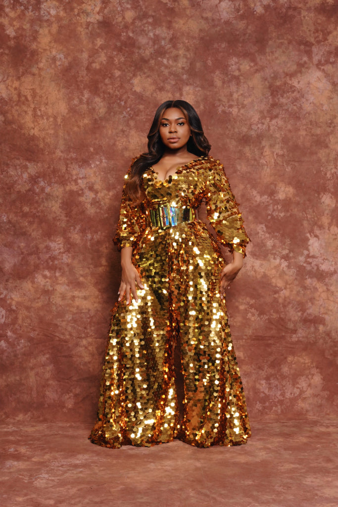 Long Sleeve Gold Jumpsuit Party Romance Gold Jumpsuit – Oyemwen