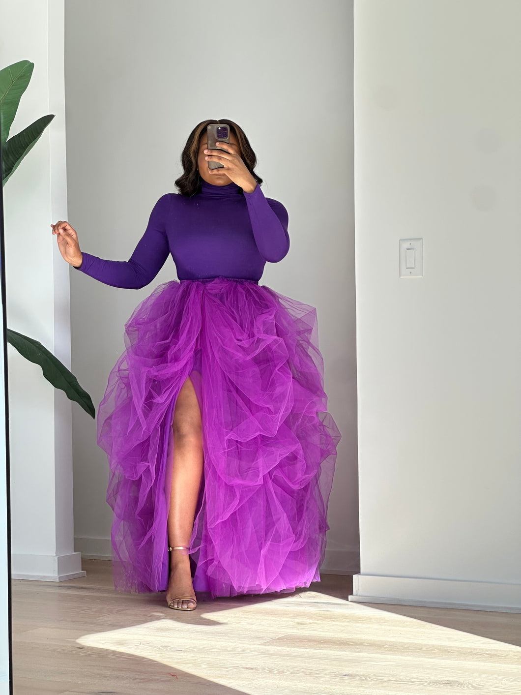 Purple Hi Slit Turtleneck Skirt Set