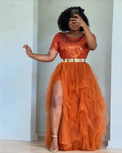 Load image into Gallery viewer, Burnt Orange Hi Slit Sequins Skirt Set
