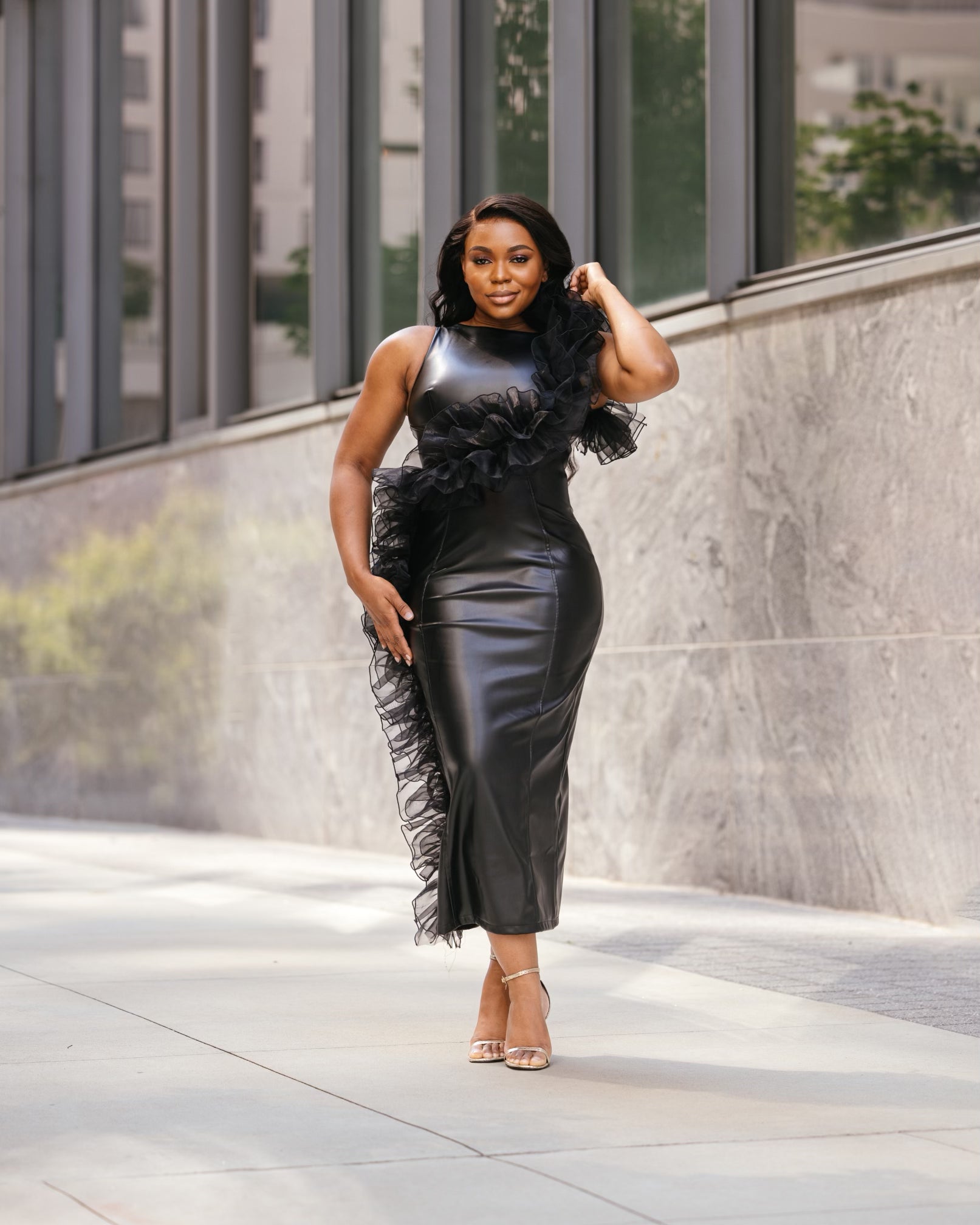 Black Vegan Leather Ruffle Midi Dress