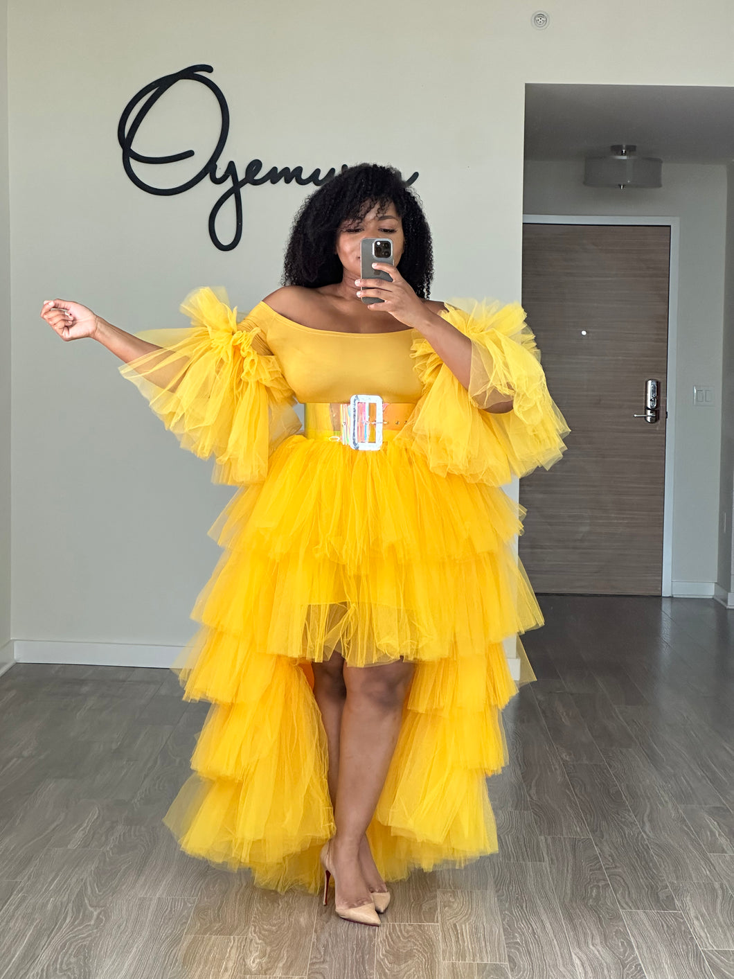 Tulle Sleeves Orchid Skirt Set in Yellow