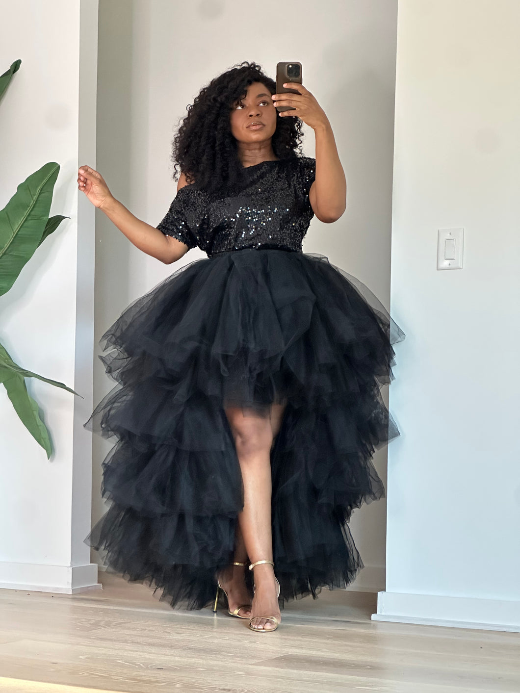 Black Sequins Hi-Low Orchid  Skirt Set