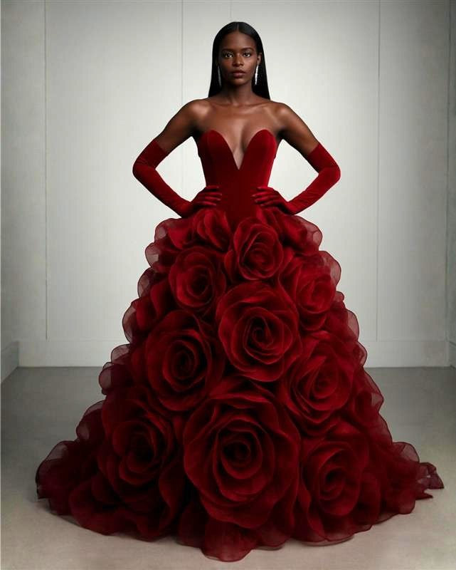 Rosette Bardot Red Rose Ball Gown