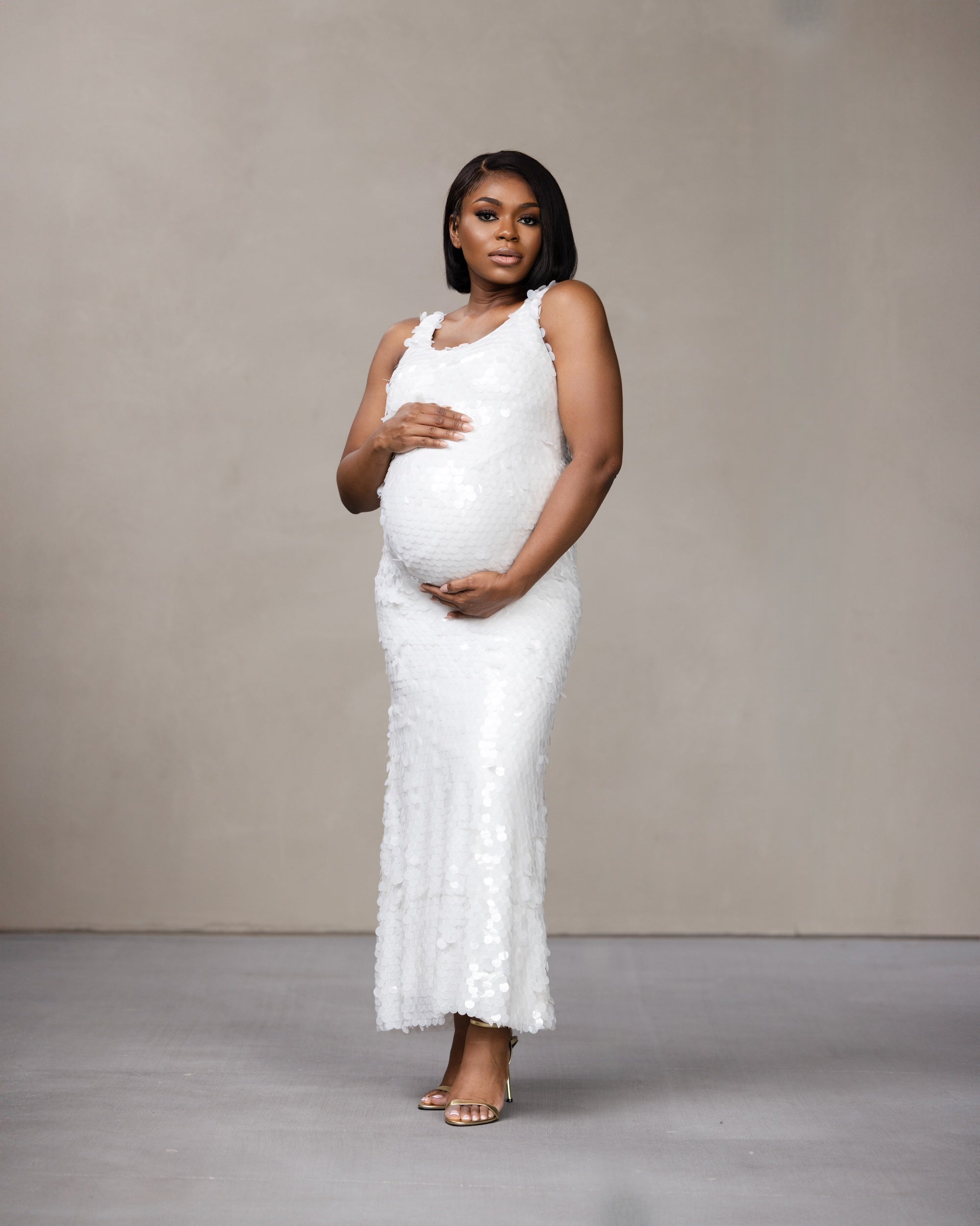 birthday dress for pregnant women White Sequin 2XL Size:s (4/6) white ethnic wear for women A Line Long Sleeves draped detail that cascades