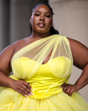 Load image into Gallery viewer, Custom made Yellow Corset Draped Shoulder Hi Slit skirt set
