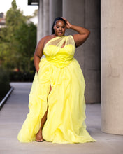 Load image into Gallery viewer, Custom made Yellow Corset Draped Shoulder Hi Slit skirt set
