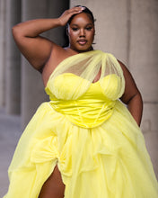 Load image into Gallery viewer, Custom made Yellow Corset Draped Shoulder Hi Slit skirt set
