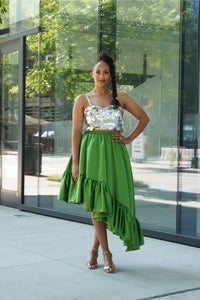 Green and Silver Asymmetric Skirt Set