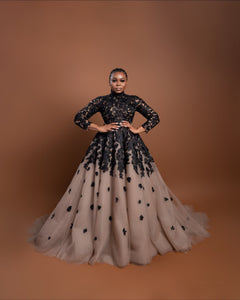 Black Lace & Nude Voluminous Mockneck Dress
