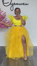 Load and play video in Gallery viewer, Yellow hi slit tulle sleeves skirt set

