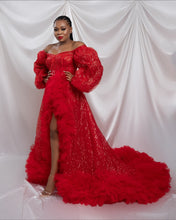 Load image into Gallery viewer, Red Hi Slit Sequins Veined Robe

