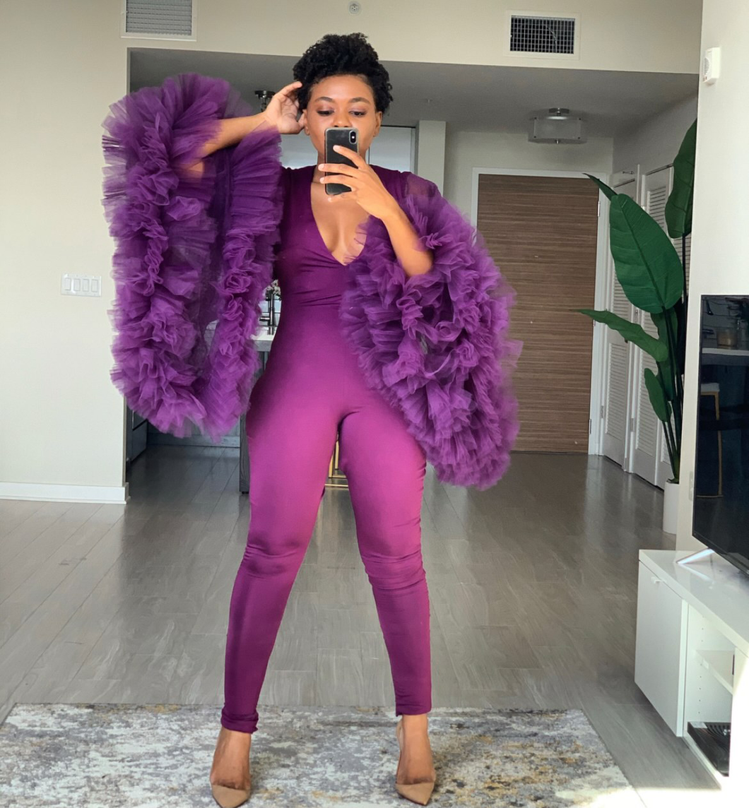 Tulle Sleeve Jumpsuit in Purple Oyemwen