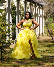 Load image into Gallery viewer, Custom made Yellow Corset Draped Shoulder Hi Slit skirt set
