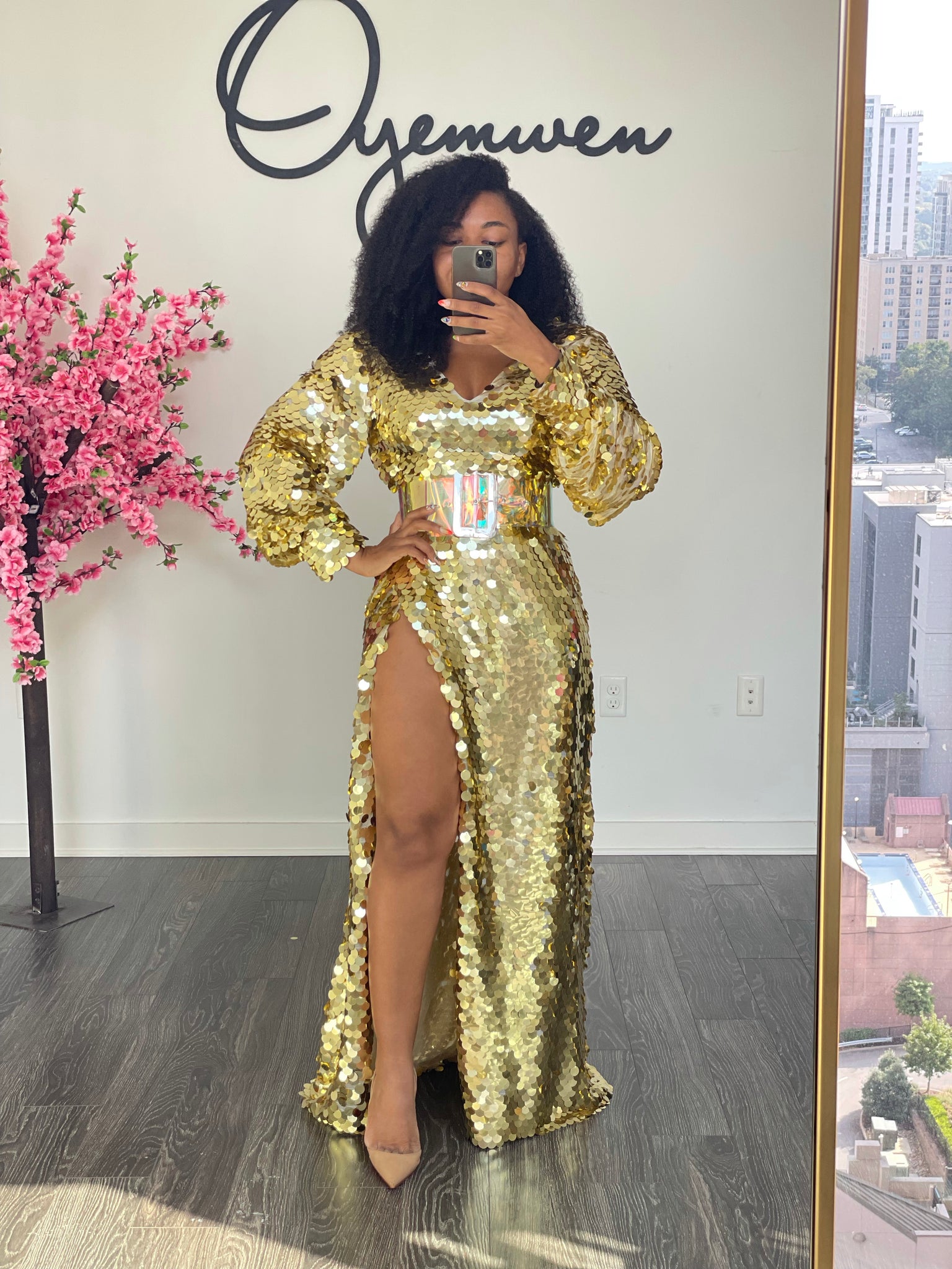 Custom Oyemwen Gold Sequin High Slit Birthday Dress XL Custom Oyemwen Gold Sequin High Slit Birthday Dress XL