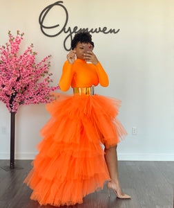 Orange orchid turtleneck skirt set