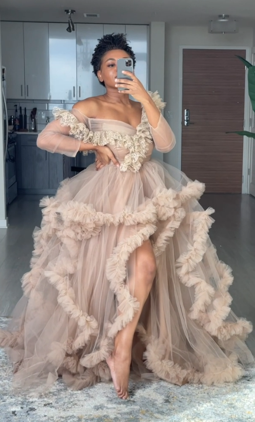 Custom Tulle Robe Off Shoulder in Nude S with Nude mini slip dress