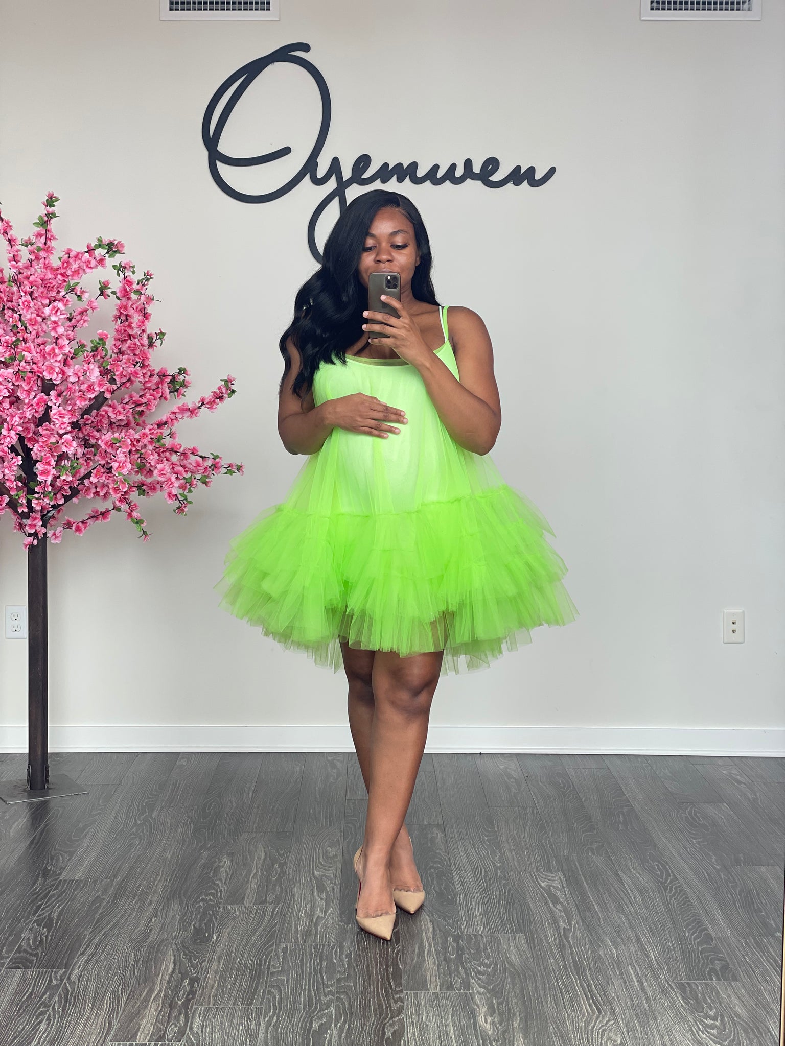 Custom made Sheer mini dropped waist overlay dress L / NEON GREEN Custom made Sheer mini dropped waist overlay dress L / NEON GREEN