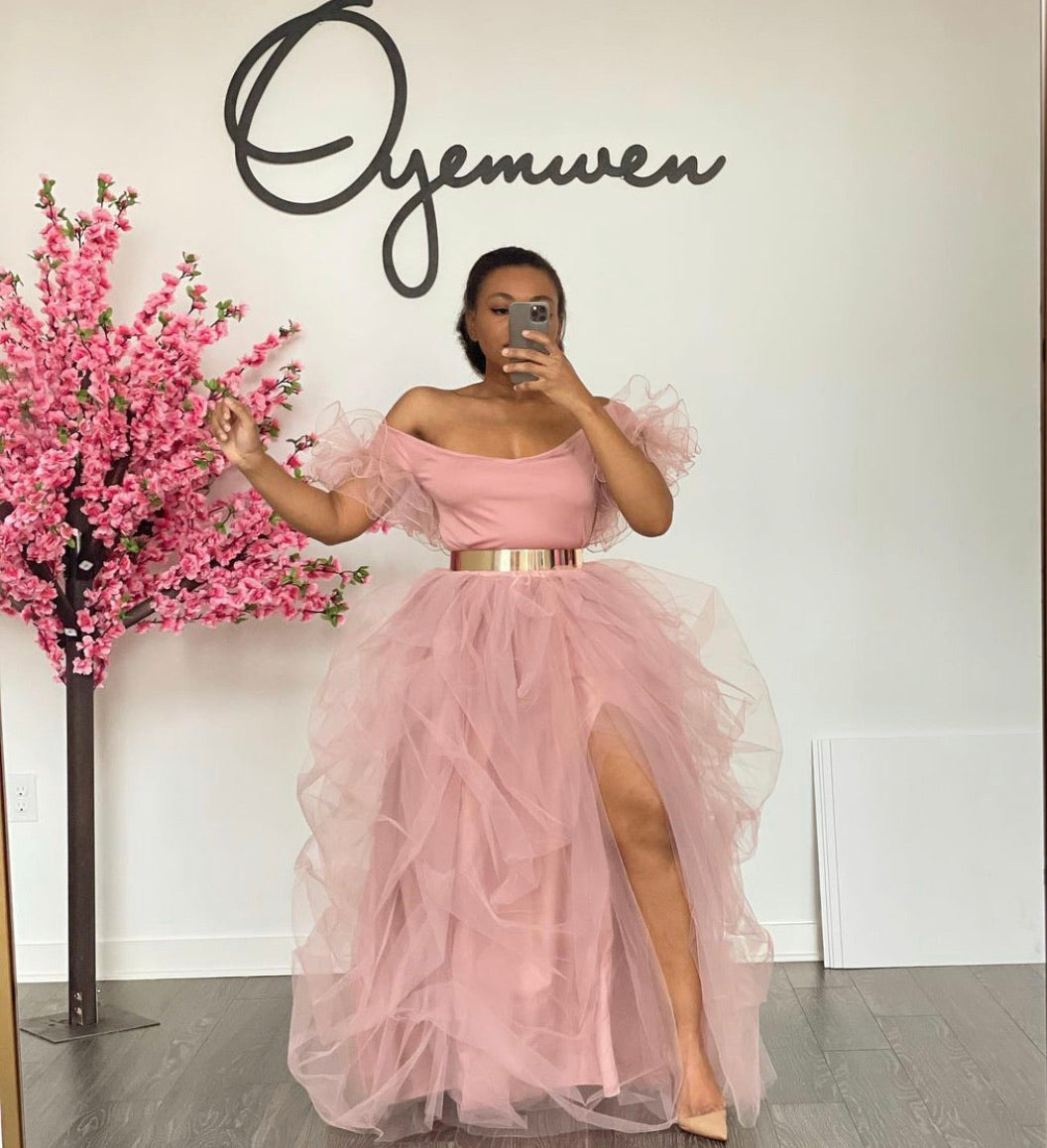Custom made Mauve tulle sleeve skirt set – Oyemwen